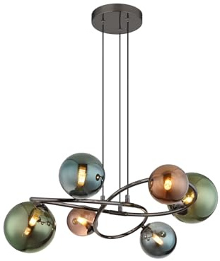 LED Pendelleuchte Hängeleuchte Esszimmerlampe Retro Glas Esstischlampe Wohnzimmerleuchte, grün petrol bronze, 6x 3,5W 6x 350lm warmweiß, DxH 65 x 120 cm