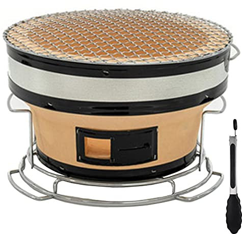 Griglia a carbonella in ceramica – Barbecue rotondo giapponese da tavolo per campeggio o casa, include pinze per alimenti