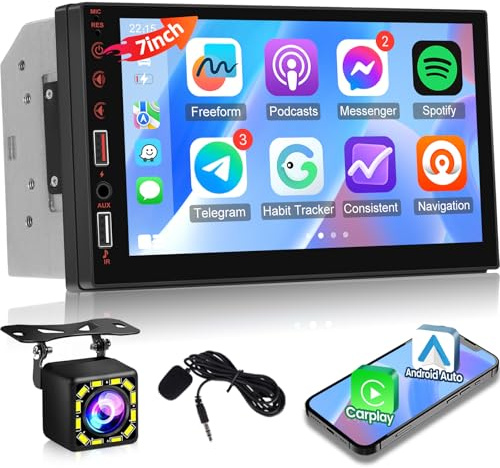 Double Din Car Stereo with Wireless Carplay and Android Auto, 7 inch Bluetooth Radio Support EQ/FM Radio/Mirror Link/USB/SWC
