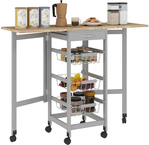 HOMCOM Carrello Portavivande Pieghevole a 6 Ruote con 3 Cestini, Cassetto e 2 Ribalte, Carrellino per Cucina in MDF e Metallo, 37x37x77.5 cm, Grigio e Rovere