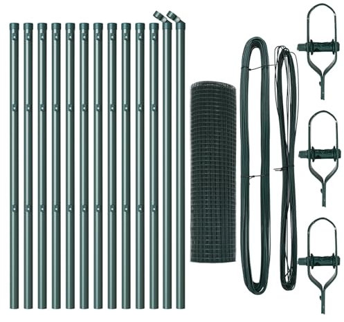 vidaXL Green PVC Coated Steel Fence Post Set with Mesh Roll 25 x 0.5m Durable Solution for Garden Fencing Matte Surface Installation Perimetric