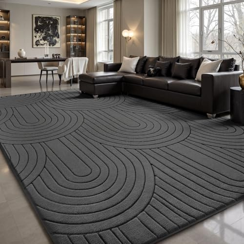 Treeboy Kurzflor Teppich Wohnzimmer, Teppich Groß 140 x 200 cm, 3D Halbkreismuster Carpet Dunkelgrau Waschbarer Teppiche Schlafzimmer Flauschige Rugs, Teppiche Gegend Mit Rutschmatte
