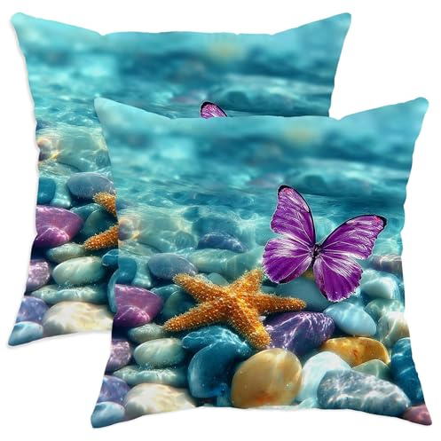 asbwuo Juego de 2 Fundas de cojín con temática oceánica, diseño de Mariposas violetas y Estrellas de mar, decoración veraniega de Estilo rústico costero para sofá Cama, 22 x 22 Pulgadas