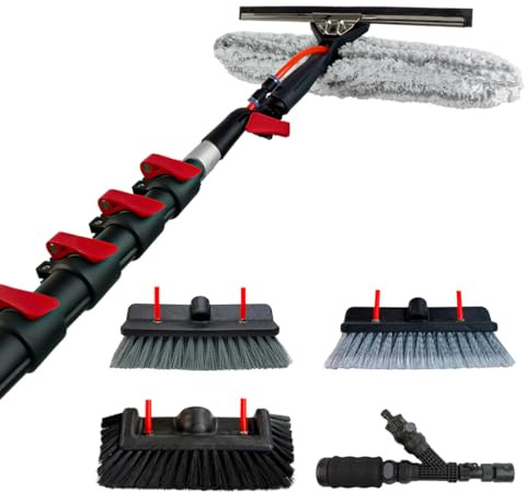 Aquascopic Aluminium Teleskopstange 5,4 m All-in-One mit Solarpanel-Bürste, 5-Flächenbürste, Schrubbbürste & Combi-Einwascher – Profi Fenster- & Fassadenreiniger ohne Leiter