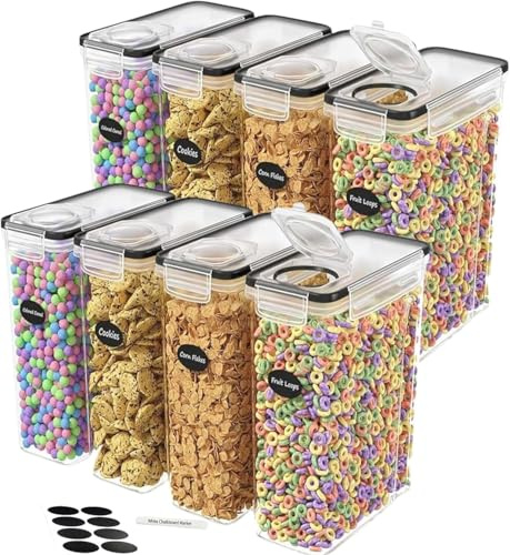 Panzy Cereal Storage Containers – Airtight Food Grade Plastic Dispensers with Lids, BPA-Free Kitchen Storage for Cereal, Flour, Sugar & Dry Foods, Includes Labels & Marker (8)