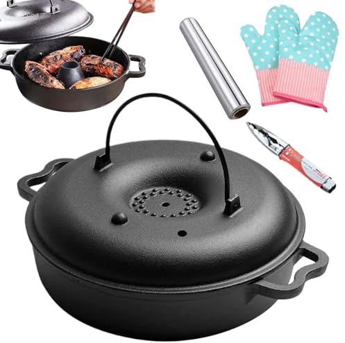 Sartén para con tapa, olla de hierro para batatas con clip y guantes, sartén para horno, para barbacoa, parrilla, estufa, verduras, batata, maíz, clip