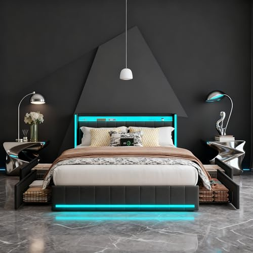 BRYXR Polsterbett 160x200 cm mit LED-Kopfteil, Doppelbett mit USB-Ladefunktion und Lattenrost, 4 praktischen Schubladen und stilvollem Design, Ideal für Jugendzimmer und Moderne Räume, Ohne Matratze