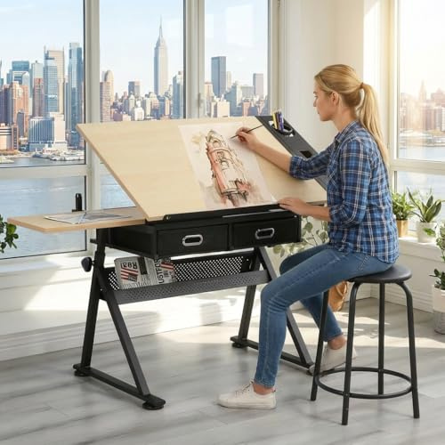Royjhnl Drafting Table with Storage & Stool: Adjustable Tilting Art Desk, 2 Drawers, Height Adjustable Craft Table for Drawing, Painting, Home Office (Maple)