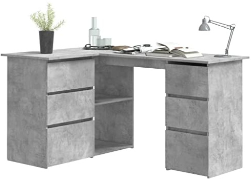 Generic Hörnskrivbord med Lådor och Hylla, Datorstudiebord, Arbetsstation för Bärbar Dator, Hållbara Hemkontorsmöbler - 145x100x76 cm, Konstruerat trä (Vit) (Betonggrå)