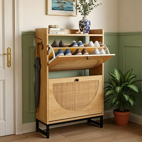 ARATERVIO Schmaler Rattan Schuhschrank mit 2 Klappen, Schuhkommode mit Kippsicherung – Freistehende Schuhaufbewahrung für Flur, Eingangsbereich & kleine Wohnungen 94x23x60.5 cm