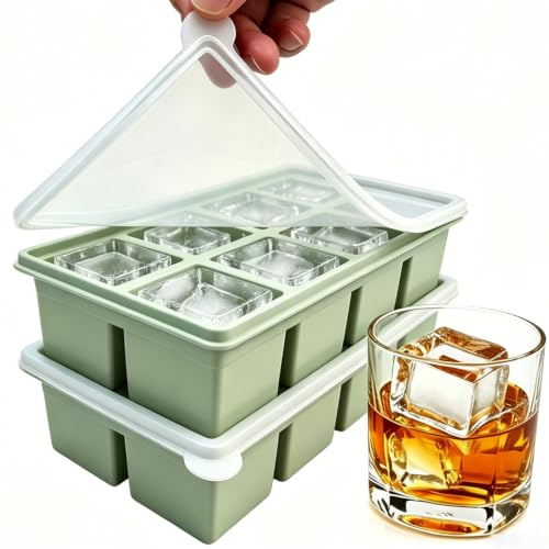 Ice Cube Trays with Lid - Large All Silicone Big Ice Cube Molds for Whiskey & Cocktails - Easy Release, Slow-Melting, Stackable Freezer Tray for Kitchen, Coffee - Large 8 Cubes Green 2 Pack