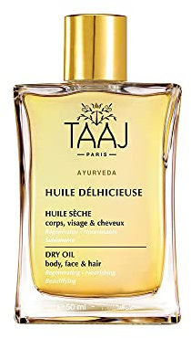 TAAJ | Huile Délhicieuse | Huile sèche de Beauté | Corps, Visage & Cheveux | Nourrit, Protège & Revitalise la peau | Peau Satinée | Cheveux Réparés | 96% d’ingrédients naturelle | Vegan | 50 ml