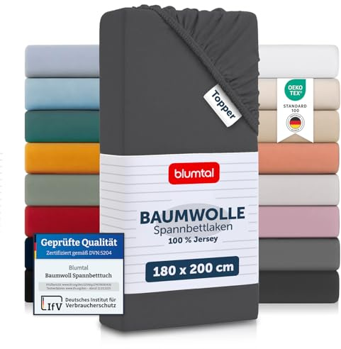Blumtal® Basics Spannbettlaken Topper 180x200x15cm Jersey im 2er Set - Bettlaken aus 100% Baumwolle - Oeko-TEX zertifiziertes Spannbetttuch 180x200 - Anthrazit