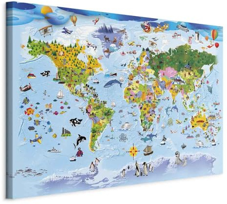 B&D XXL - Akustikbild Weltkarte blau Tiere, Schallschutz, Wohnzimmer, Büro