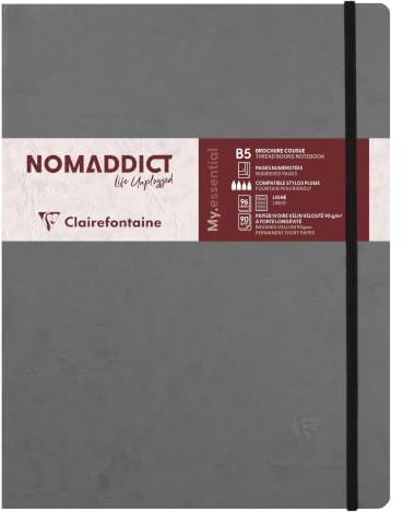 Clairefontaine 794465C - Notizbuch My.Essential Age Bag, Format B5 (19x25 cm), mit Fadenbindung, 96 Blatt nummeriert, liniert, Papier elfenbein 90g, Hellgrau, 1 Stück