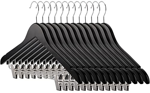 Tosnail 12 Stück Kleiderbügel aus Holz für Hosen, Kleiderbügel aus Holz mit Stahlclips und Haken, natürliche Massivholz Kollektion, Rockbügel, Standard Kleiderbügel, Schwarz
