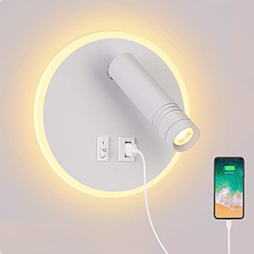 ERWEY LED Wandleuchte Leselicht Wandlampe Schlafzimmer Bettleuchte Leselampe Bett Wandmontage Nachttischlampe 3000K Wandleuchte 4000K Leselampe mit USB-Ladeanschluss (Rund 145mm, Weiß)