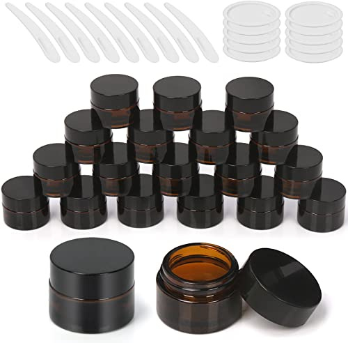 Wokape 20-pack 20 ml bärnstensfärgade glasburkar med foderlock spatlar, läckagesäkra runda kosmetiska burkar för salvor lotionkrämer