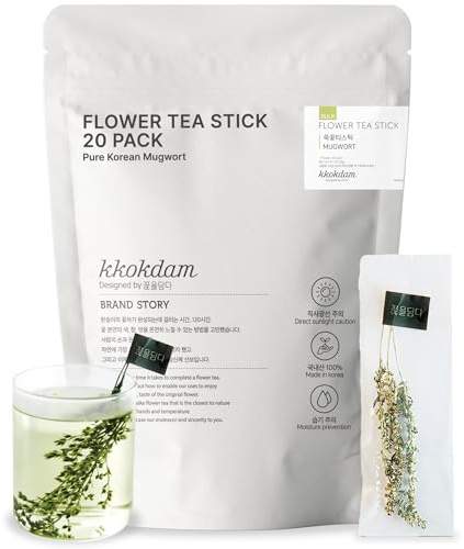 KKOKDAM Korean Mugwort Flower Tea Sticks, 20 Count - 100% Natural Edible Blooming Floral Tea, Individually Wrapped in Bulk Pouch, Caffeine-Free Herbal Tea Gifts