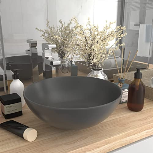 Tidyard Lavandino da Bagno in Ceramica Rotondo Grigio Scuro, Lavabo da Appoggio in Ceramica, Lavandino Rotondo/Ovale/Rettangolare, Lavabo da Bagno Appoggio Rotondo Moderno in Ceramica