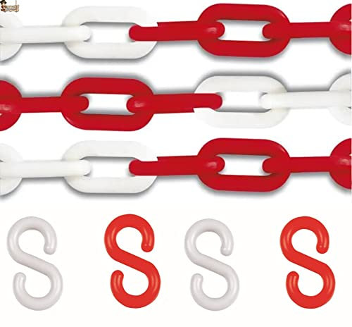 BricoLoco.com Chaîne en plastique maillons rouge et blanc signalisation crochets S inclus pour poteau, délimitation, balise, séparateur (10 mm, rouge blanc, 25 mts+20 crochet)