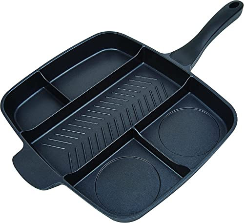 Phane Sartén para Asar Antiadherente, Sartén Mágica 5 en 1, Freír, Horno | Plancha dividida de Inducción Asador, Multifuncional Revestimiento | 38 x 30 x 4 cm, Negro
