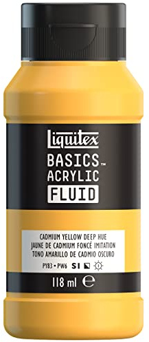 Liquitex 8870383 Basics Fluid Acrylfarbe mit fließender Konsiszenz, schnell trocknend, lichtecht, wasserfest, auf Wasserbasis, 118ml Flasche - Kadmiumgelb Dunkel Farbton