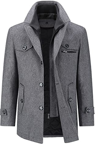 YOUTHUP Mens Winter Wool Coat Hip-Length Thick Trench Coats Padded Warm Peacoat Casual Outwear, Light Grey, XL