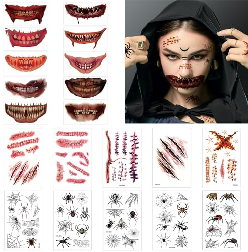 Orifinter 20 Blätter Halloween Tattoo Narben Spinnen Mund, Halloween Tattoo Gesicht, Halloween Kostüm Damen Schminke Accessoires, Realistisches Motive Temporäre Gesicht Tattoos für Halloween Makeup