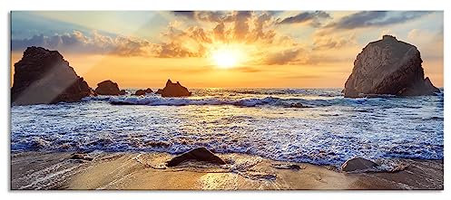 Pixxprint Glasbild Panorama, Wandbild aus Echtglas, Sandstrand mit Felsen im Sonnenuntergang, 120x50 cm, inkl. Aufhängung und Abstandshalter