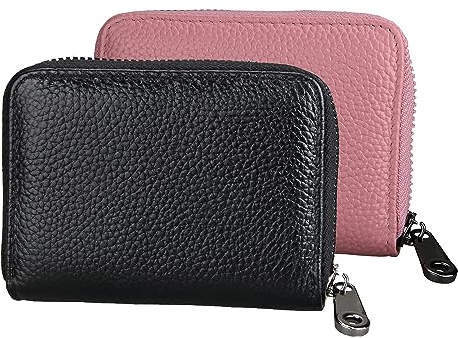 TRKETK 2 Stück Kreditkartenhalter, Brieftasche mit Reißverschluss ID Kartenetui Leder Kreditkartenetuis 11 Kartenschlitze RFID Schutz Akkordeon Brieftaschen Etui für Männer & Frauen (Schwarz + Rosa)
