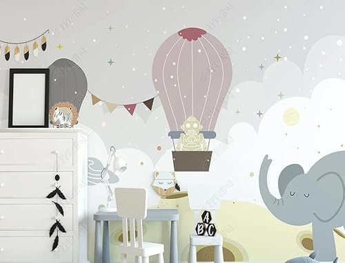 Fototapete 3D Effekt Tapeten 3D Cartoon-Heißluftballon, Kleine Tiere, Sternenhimmel, Kinder Tapete Fototapeten Vlies Wandtapete Wohnzimmer Schlafzimmer Wand Schmücken 300Cm(W)*210Cm(H)