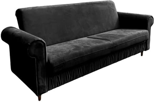 Ares Meble Sofa Karen - Sofa 3 Sitzer - Schlafsofa mit Bettkasten - Couch Schlaffunktion - Wohnzimmer Möbel - Samt - Schwarz - Beine Walnußholz