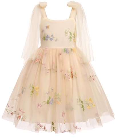 Embroidered Flower Girl Dress Toddler Sleeveless Spaghetti Straps Floral Embroidered Dress Baby Girl Dress Wedding Birthday Formal Party Photoshoot Tulle Dresses Apricot 5-6 Years