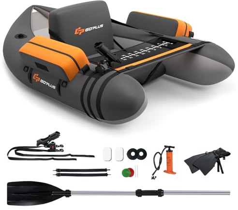GOPLUS Bellyboot, Belly Boat kan belastas upp till 150 kg, uppblåsbar gummibåt för fiske med aluminiumpaddel, pump, fenor, fisklinjal, spöhållare och 2 axelremmar, 135 x 109 x 54 cm (mörkgrå)