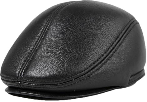 Flache Herren-Mütze, echtes Leder, warme Entenschnabelmütze, Efeu-Hut mit Ohrenklappen, dickere Fahrkappe, schwarze Kappe, XL