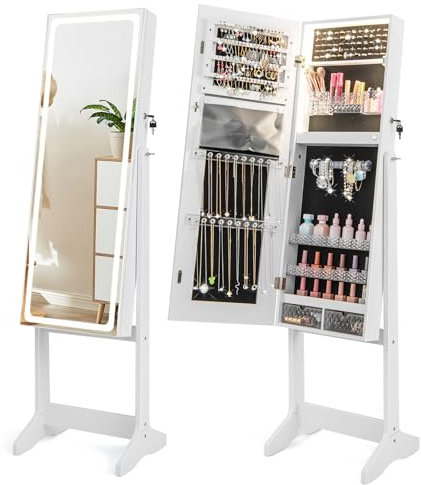 GOPLUS Armoire à Bijoux avec Miroir sur Pied, Armoire a Bijoux Verrouillable avec Lumières 3 Couleurs, 3 Angles d'Inclinaison, Organisateur de Bijouxpour Boucles d'Oreilles, Bague, Collier, Blanc