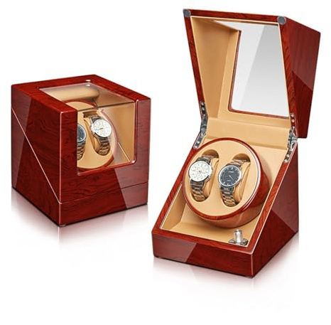 PAHION Uhrenbeweger Für 2/4 Uhren Automatische Uhrenbeweger Box PU-Softwatch-Kissen Holz Uhrenkasten Mit Leisem Mabuchi Motor 5 Drehmodis Batteriebetrieb Oder Netzteil(2+0)