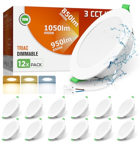 ALUSSO 3CCT LED Einbaustrahler 230V Dimmbar 10W IP44 Loch 90-100MM 12er Set | Spots Deckenleuchte 3000K 4000K 6500K Wählbar Deckenspots Einbauleuchten Einbauspots für Badezimmer Küche Wohnzimmer, Weiss