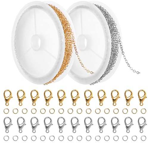6m Halsketten ketten Schmuckkette 1,8 mm Gliederkette Meterware Schmuckherstellung Zubehör mit 30 Karabinerverschlüssen und 60 Biegeringen Gold Silber Schmuck Machen Kette für DIY Halsketten Armbänder