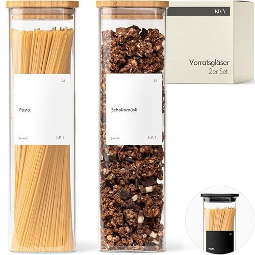 KIVY Tarros de almacenamiento rectangulares [2 x 1800 ml] + etiquetas, apilables y herméticos con tapa, tarros para pasta con tapa, para guardar espaguetis, tarros grandes
