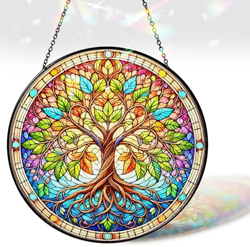 19,8 cm großer Baum des Lebens Sonnenfänger, Buntglas-Fensterbehang, Dekoration, Baum-Sonnenfänger-Effekt, Sonnenfänger-Dekoration für Haus, Garten, Einweihung, spirituelle Geschenke für Männer