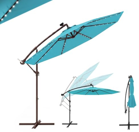 GOPLUS Parasol Déporté 3x3M, Grand Parasol de Jardin Extérieur avec 32 LED Solaires, 8 Baleines, Protection Solaire, Toile Inclinable, Rotatif à 360° pour Balon Patio Terrasse