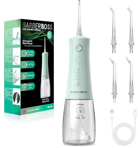 BarberBoss Water Flosser, Cordless Electric Tooth Flosser, 5 Pressure Modes, IPX8 Waterproof Dental Flosser, Portable Oral Irrigator for Gum Care, Teeth Cleaning kit (Pastel Green)