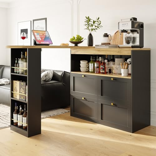 Merax Ausziehbarer Bartisch mit Stauraum, Um 360° drehbarer Beweglicher Bartisch Stehtisch Küchentheke Kücheninsel mit 4 Schubladen und offenen Ablagen, Hauptkörper 105 x 39 x 102 cm, Schwarz