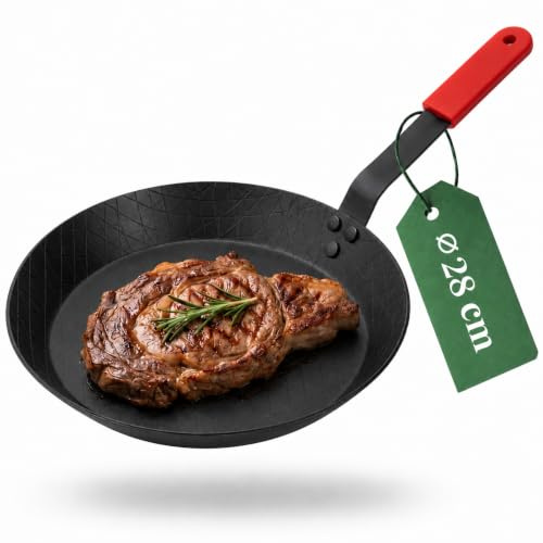 pasoli Carbonstahl Steak-Pfanne 28cm – Voreingebrannt | Pfanne mit hitzebeständigem Griffschutz, natürlicher Antihaftwirkung, Ofenfestigkeit und universeller Herdeignung