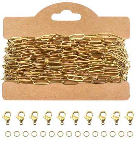 TOAOB Gold 5M Gliederkette Chain 4 mm x 12 mm Edelstahl Kette | 30 Sprung Ringe und 10 Karabiner, Kette Edelstahl für Halsketten, Kette für Verschlüsse Schmuck