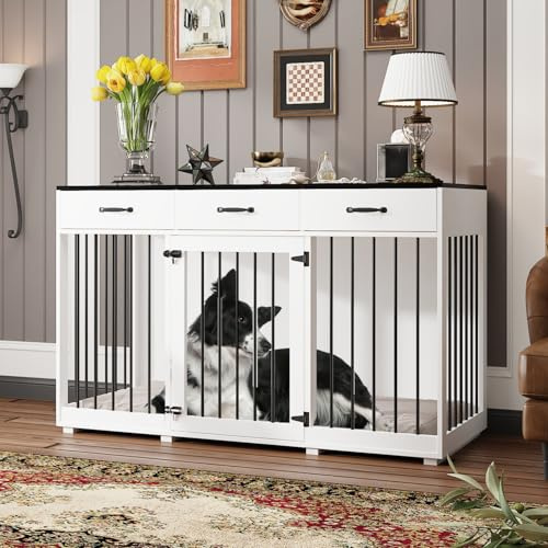 Hundekäfig Hundeknast? Nein, Hundepalast! – Edle Hundebox XXL mit Schubladen – 137x57x85cm – Möbelstück & Hundehütte in Einem – Schwarz/Weiß für stilbewusste Fellnasen