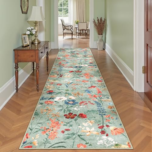 HUGEAR Läufer Flur Teppich 80x400cm Grün Waschbar Teppichläufer Runner | Blumen Blumenmuster Läufer Teppiche,Waschbar Rutschfest,Weich,Boho Neutral Modern,für Schlafzimmer,Küche
