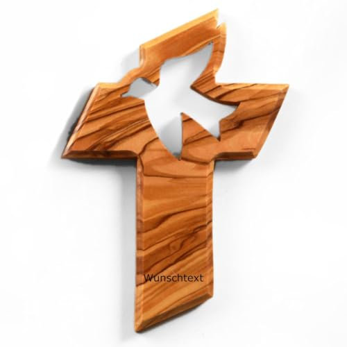 Kassis Geschenkartikel Crocifisso da parete in legno d'ulivo risorto da appendere in Betlemme per cresima, battesimo, comunione, 13 x 9 cm (Colomba della pace, con incisione)